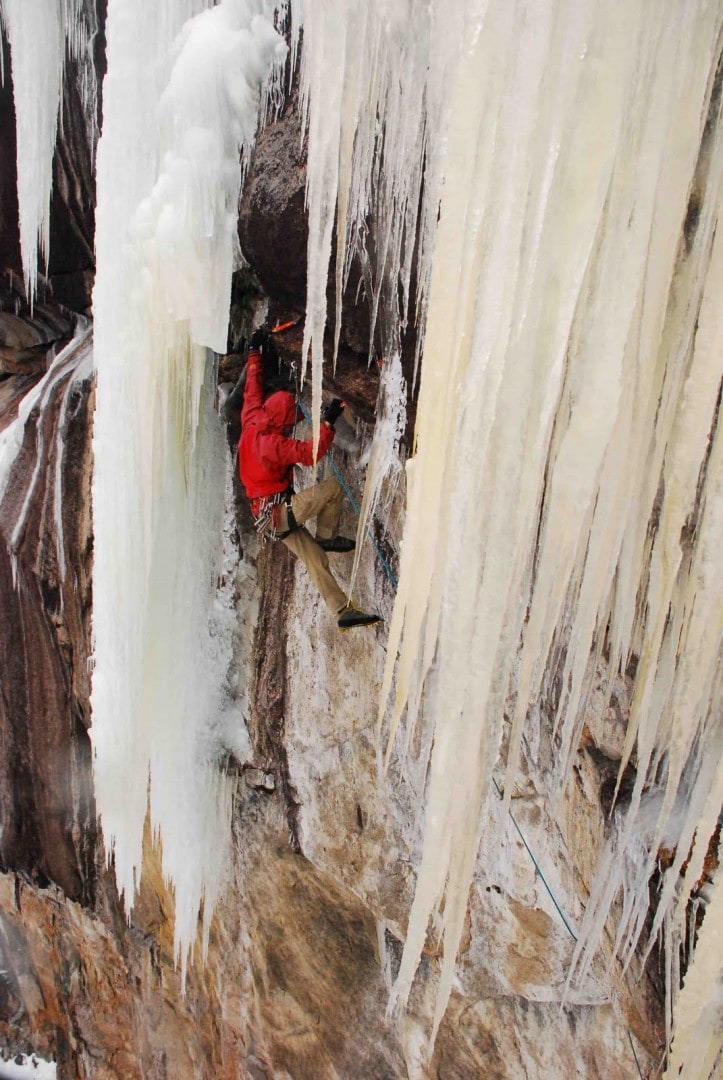 Bayard approaching the ice on the first pitch of the Painted Wall Icicle.. Kevin Mahoney photo.