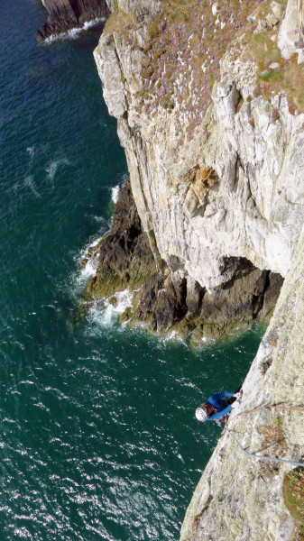 A look down over the last pitch of Toiler on the Sea. A fine bit of rock climbing.